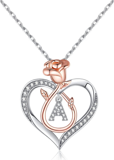 Rose Heart Necklaces Gifts for Women, CZ Heart Initial Letter Pendant Necklaces Jewelry Anniversary Valentines Day Gifts for Her Mothers Day Christmas Birthday Gifts for Women Girls