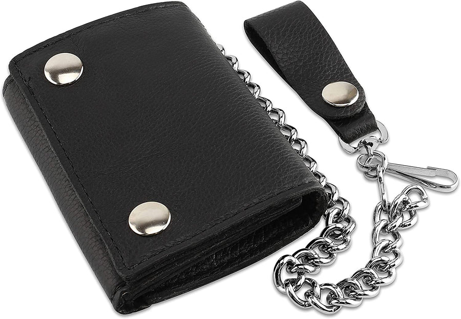 RFID Blocking Men'S Tri-Fold Vintage Biker Cowhide Top Grain Leather Steel Chain Wallet,Snap Closure, Made in Usa,Gl315,Black