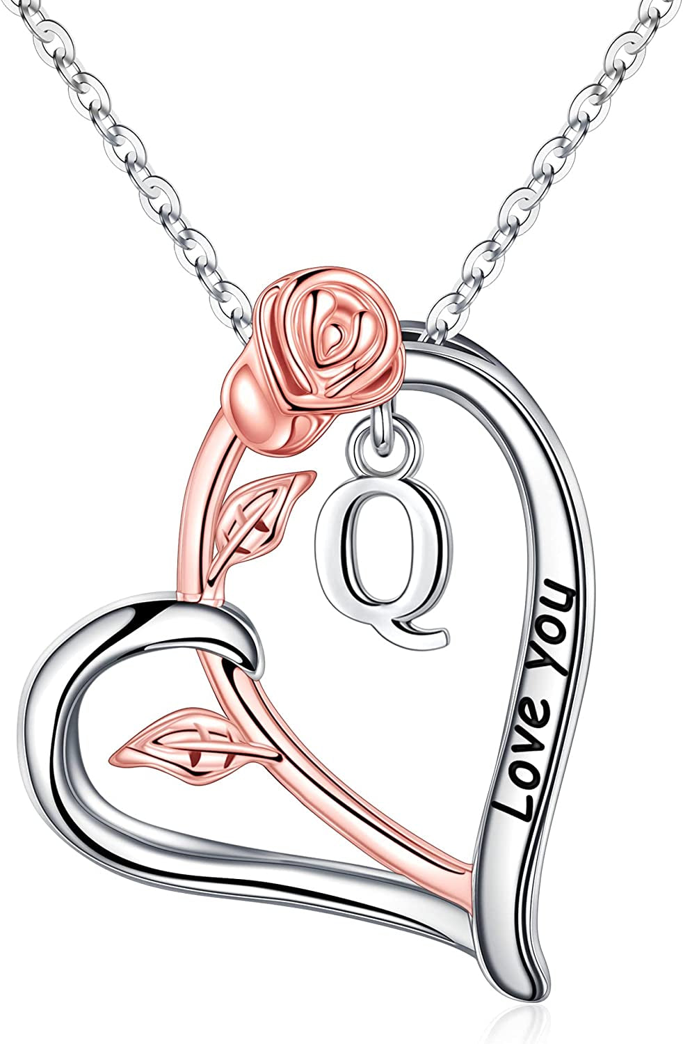 Rose Heart Initial Necklaces Gifts for Women Teen Girls, Rose Love You Heart Letter Pendant Necklace Jewelry Mothers Day Valentines Anniversary Christmas Birthday Gifts for Her Mom Wife Girlfriend