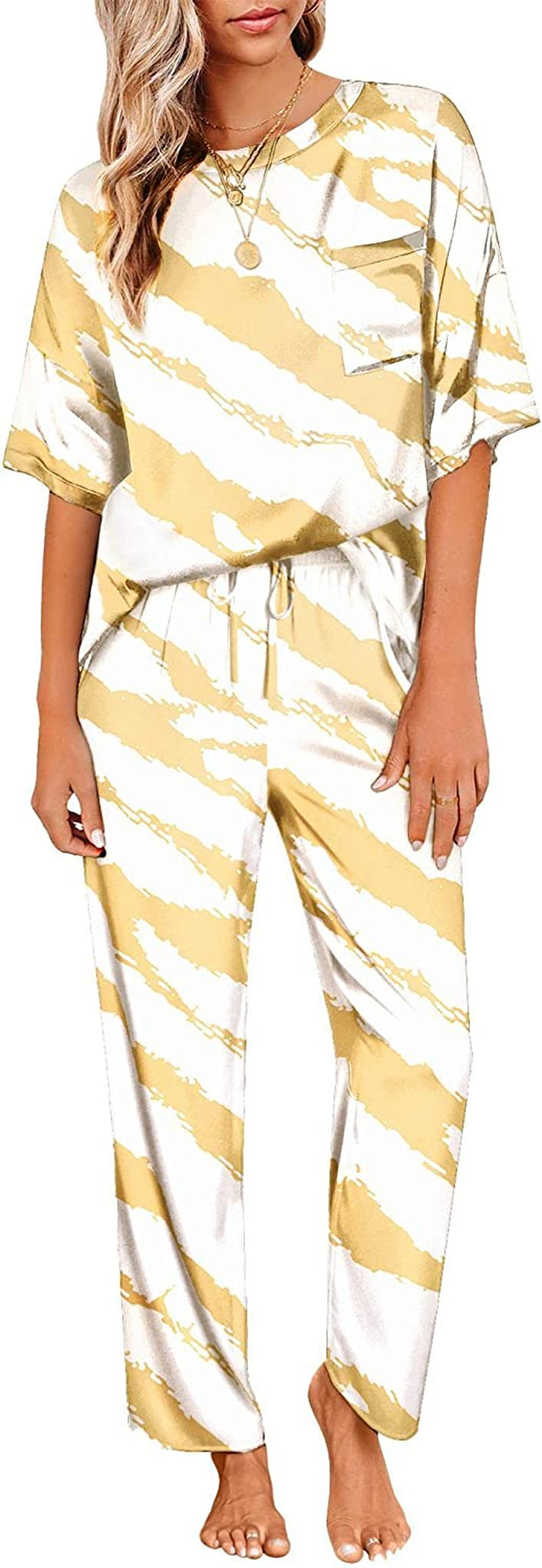 Women'S Satin Silky Pajama Set Short Sleeve T-Shirt with Long Pajama Pant Set Soft PJ Loungewear