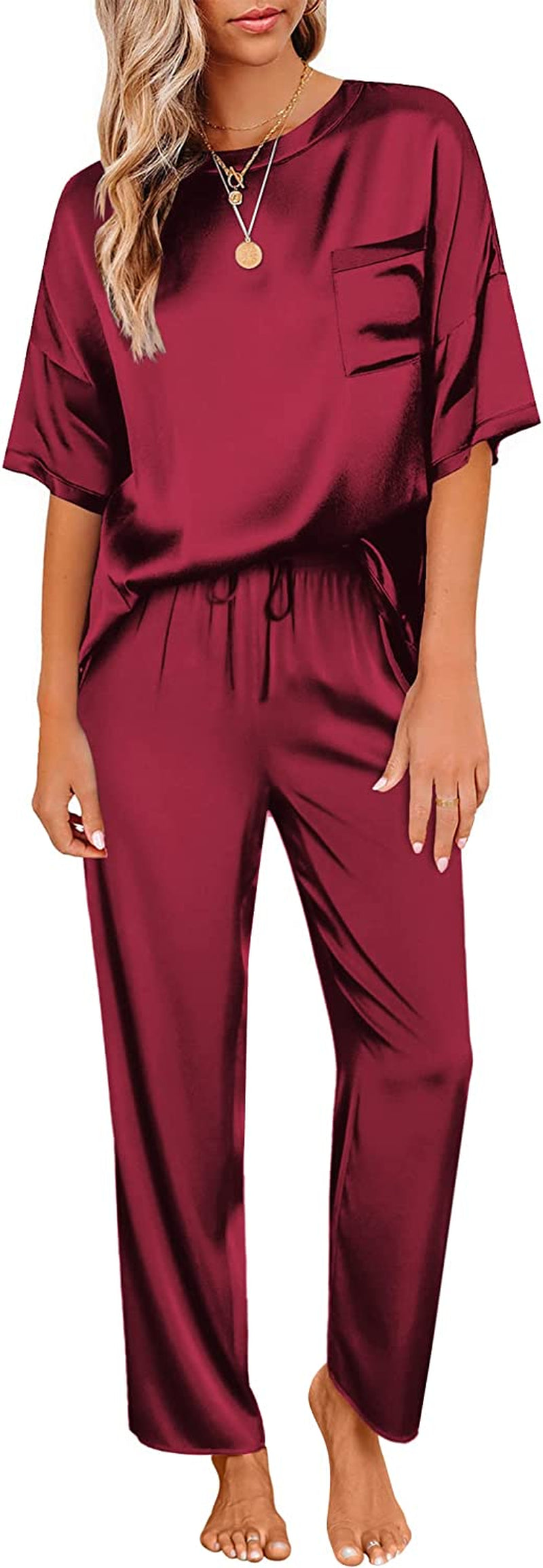 Women'S Satin Silky Pajama Set Short Sleeve T-Shirt with Long Pajama Pant Set Soft PJ Loungewear
