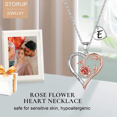 Rose Heart Necklaces Gifts for Women Teen Girls, Rose Love Heart Initial Necklaces Jewelry Engraved Love You Bridesmaid Gifts Valentines Christmas Birthday Gifts for Her Women Wife Girlfriend Mom