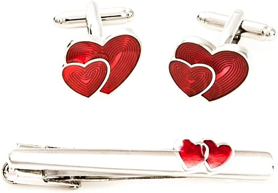 Heart Red Pair of Cufflinks & Tie Bar Clip with Presentation Gift Box & Polishing Cloth