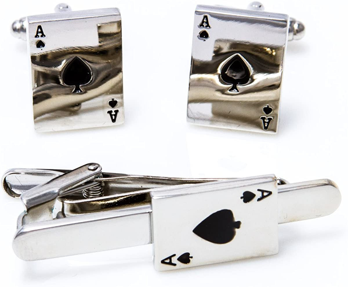 Ace of Spades Poker Playing Cards Pair Cufflinks & Tie Bar Clip in Presentation Gift Box