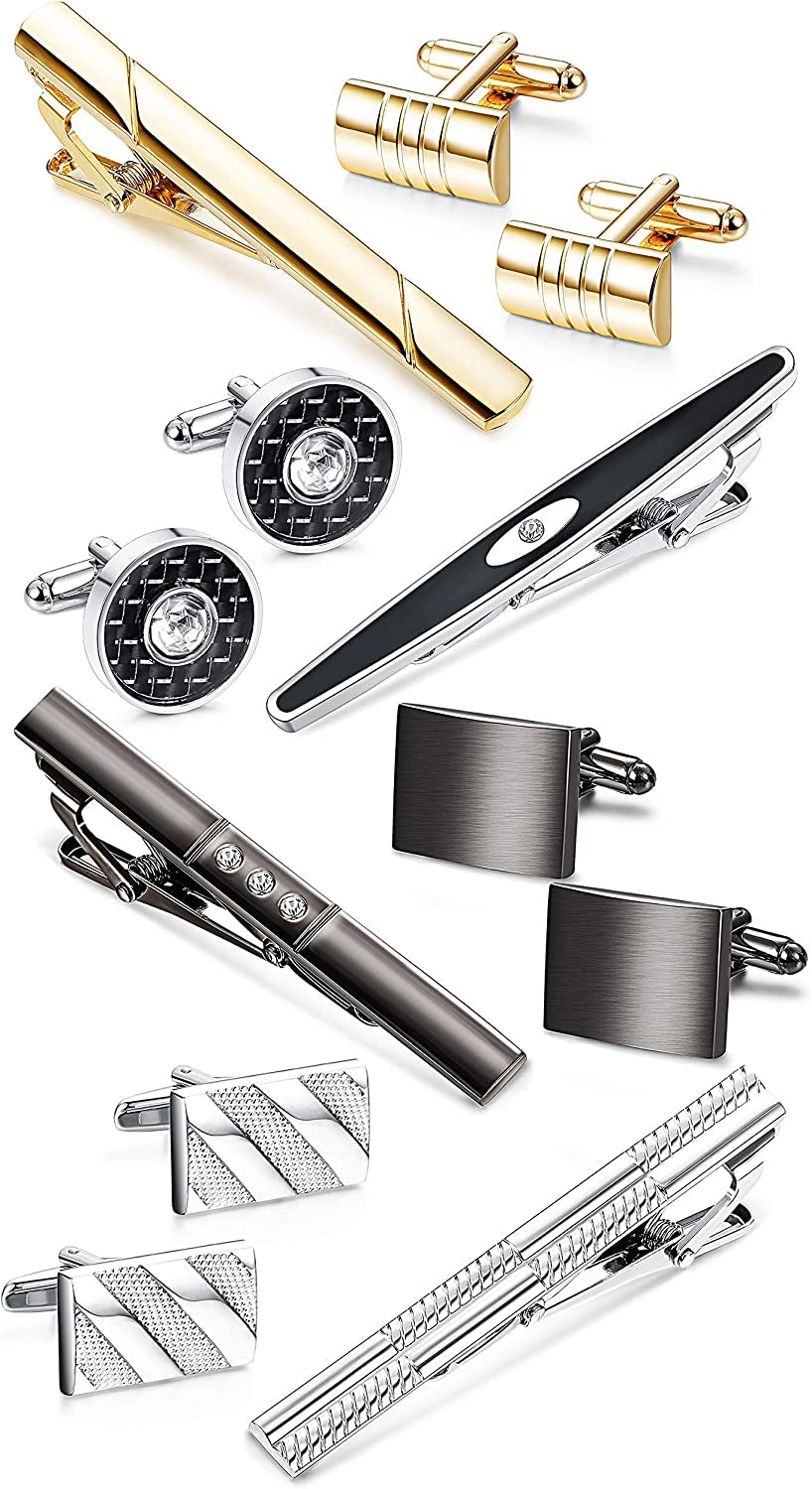 Tie Clip Cufflinks Set for Men Necktie Tie Bar Clips Business Shirts Tuxedo Wedding Gift with Box Silver-Tone Gold-Tone Black