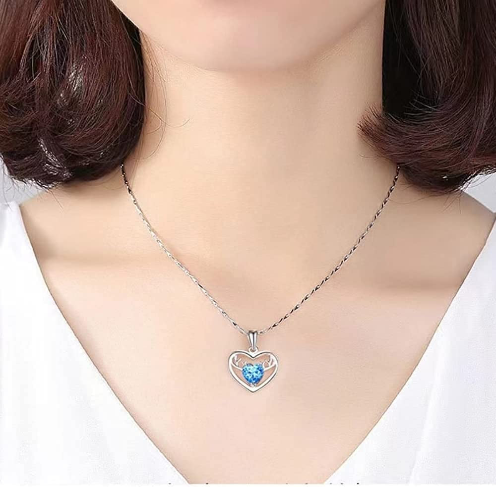Deer Necklace. Deer Antler Pendant. Love Necklace, Blue Love Zircon. Silver Plated, Women'S Necklace, Girly, Valentine'S Day, Birthday Gift