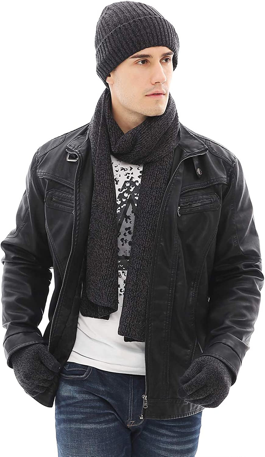 Men & Women Winter Knit Hat Beanie Long Scarf Touchscreen Gloves Set Skull Cap Neck Warmer Gloves Set with Fleece Lined