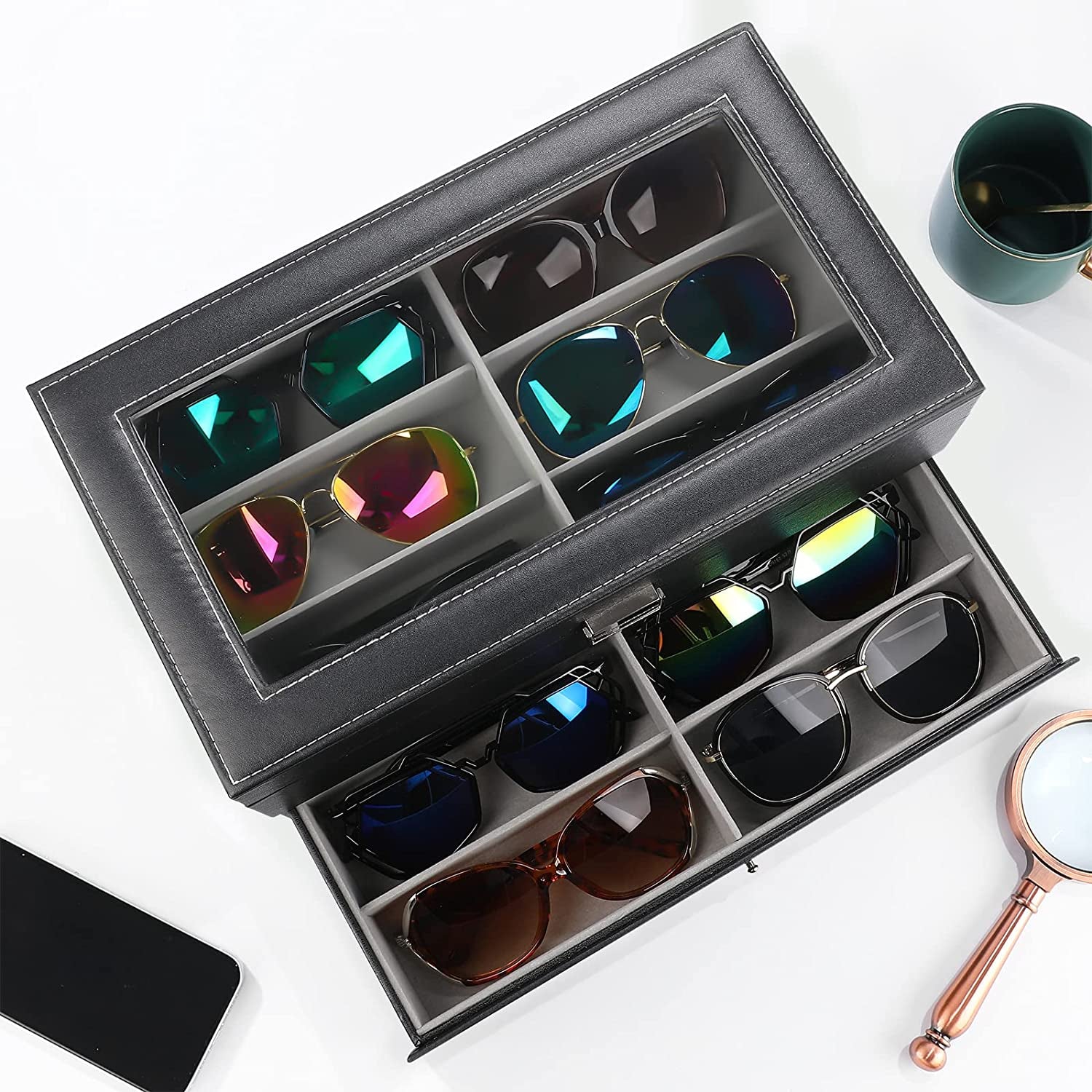 Sunglass Organizer Multiple Glasses Organizer for Women Men, Multi Sunglasses Eyeglass Eyewear Display Case, 12 Slots Leather Glasses Holder Storage Box with Drawer Glass Lid -Black