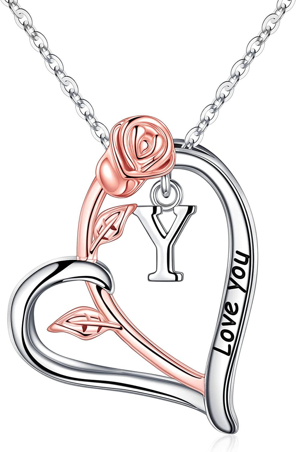 Rose Heart Initial Necklaces Gifts for Women Teen Girls, Rose Love You Heart Letter Pendant Necklace Jewelry Mothers Day Valentines Anniversary Christmas Birthday Gifts for Her Mom Wife Girlfriend