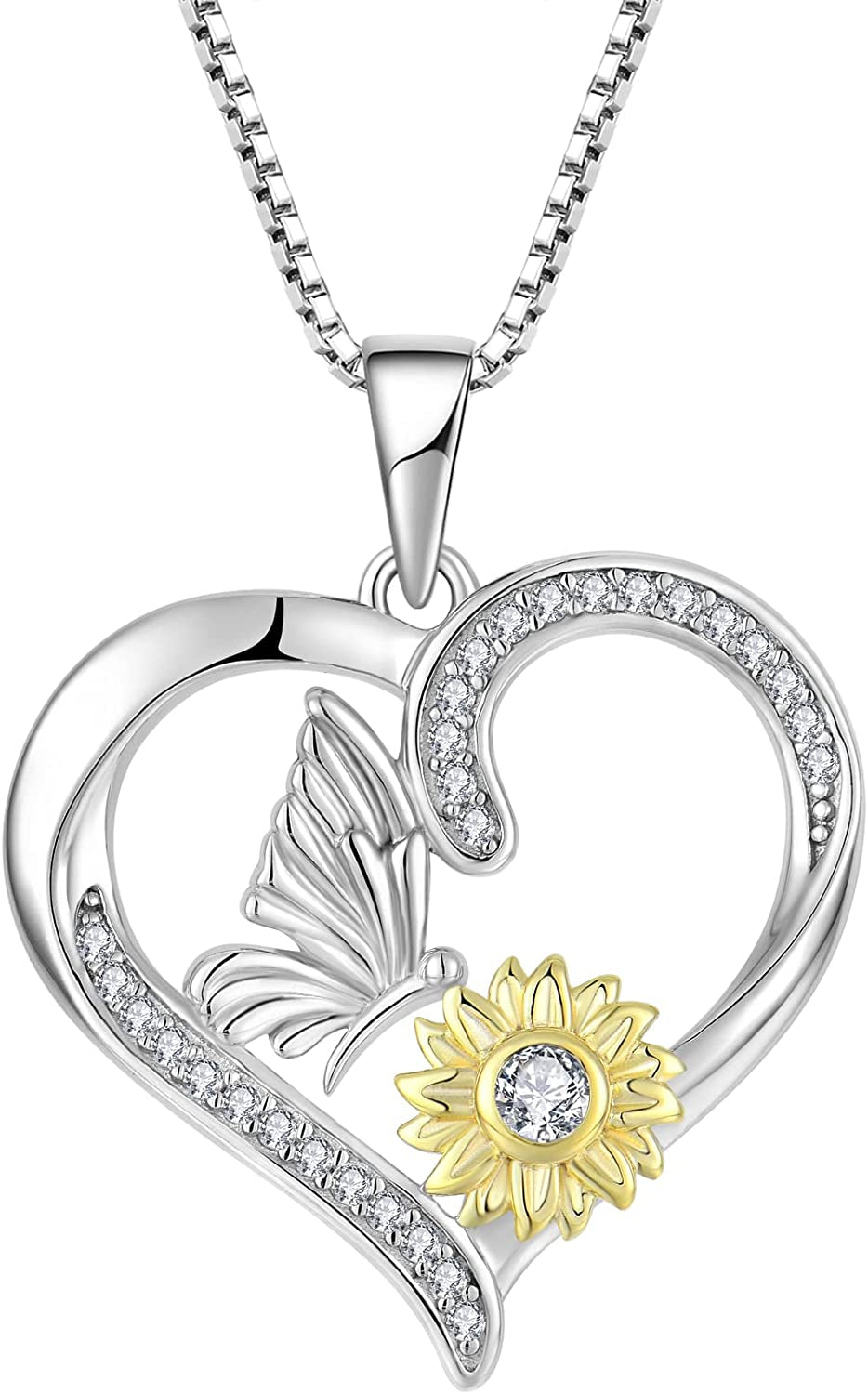 Sunflower Heart Necklace for Women 925 Sterling Silver Cubic Zirconia Love Pendant Jewelry Gifts for Women