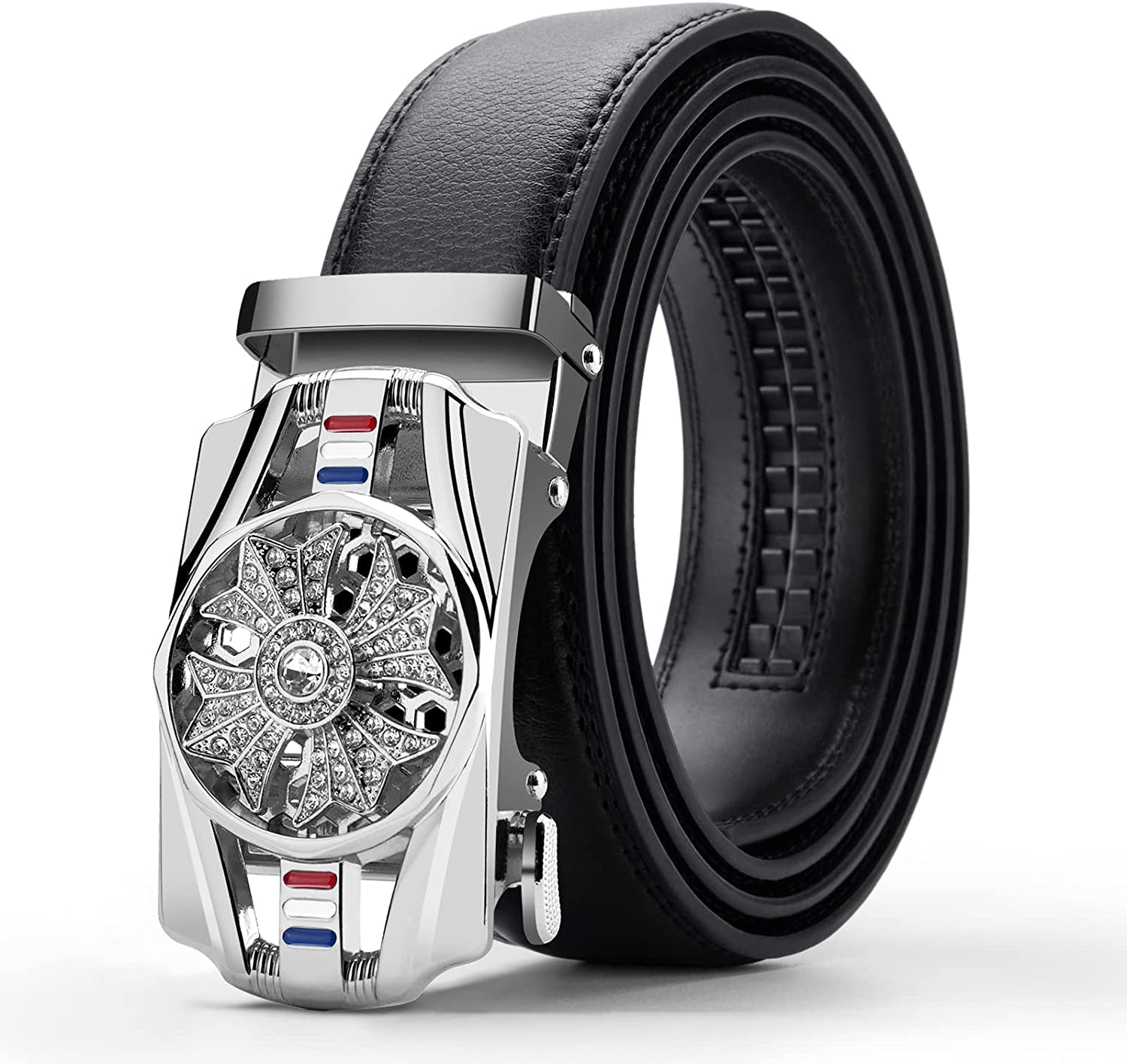 Black Belt Men,  Mens Leather Belts Slide Ratchet Belt Buckle Dress Casual Fashion Belt for Jeans Pants