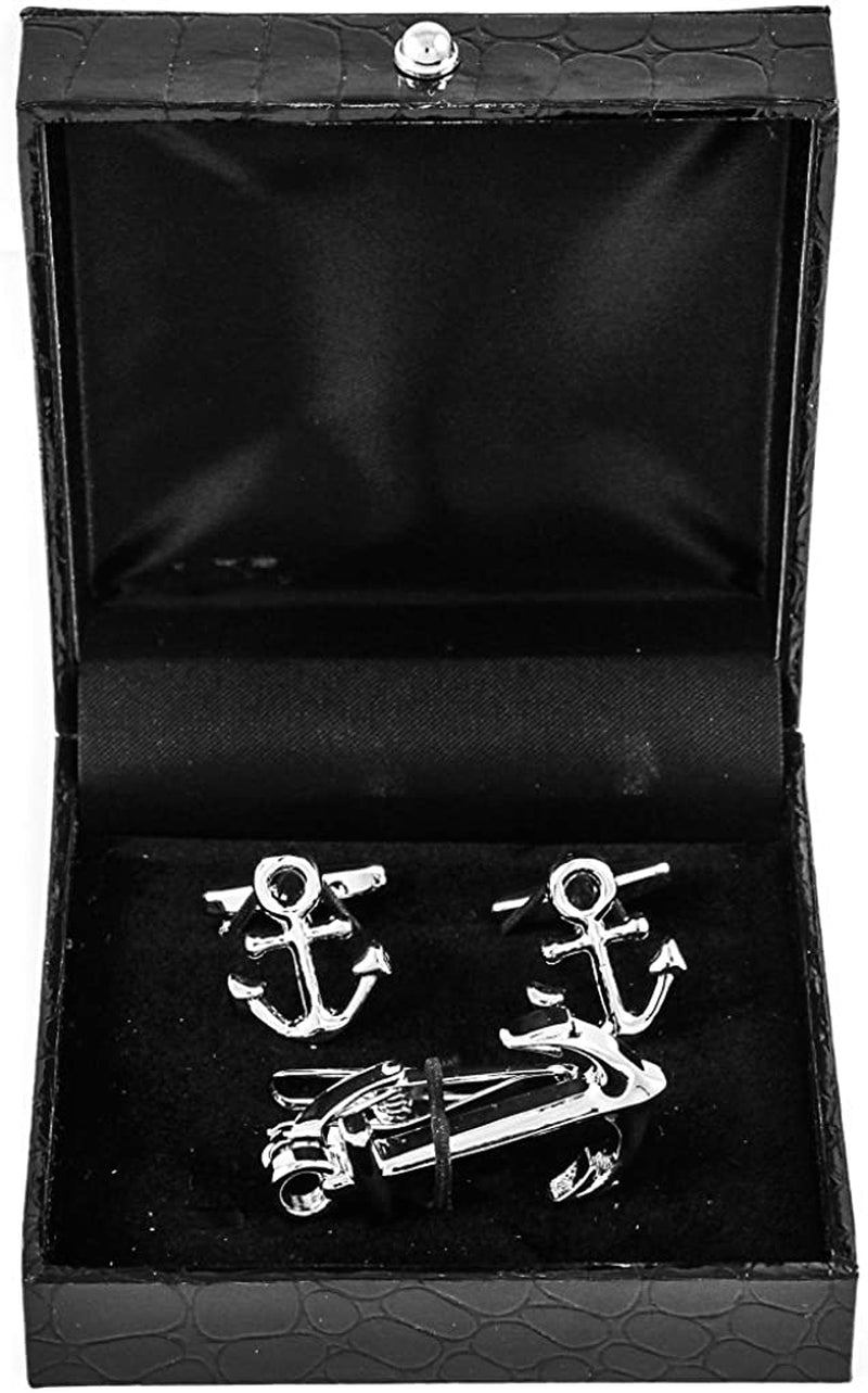 Anchor Pair of Cufflinks & Tie Bar Clip with Presentation Gift Box and Polishing Cloth