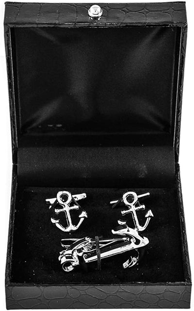 Anchor Pair of Cufflinks & Tie Bar Clip with Presentation Gift Box and Polishing Cloth