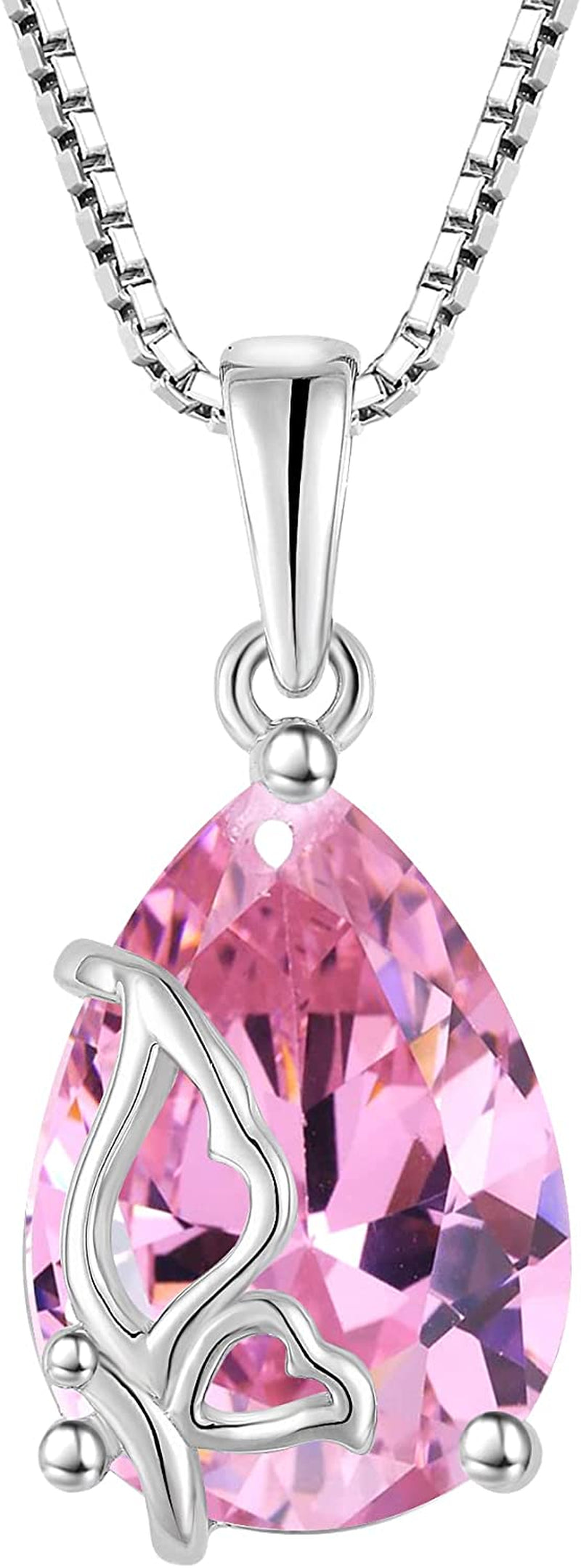 Birthstone Necklace for Women 925 Sterling Silver Butterfly Pendant Necklace with Created Gemstone Birthday Valentines Mothers Day Anniversary Christmas Jewelry Gifts for Mom Wife Girls Her