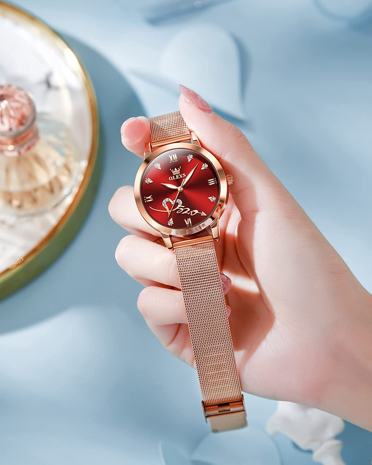 Women'S Rose Gold Watches Ultrathin Japanese Quartz Movement Girls Ladies Wristwatch Big Face Waterproof Mesh Belt Watch and Bracelet Set Valentines Day Gift