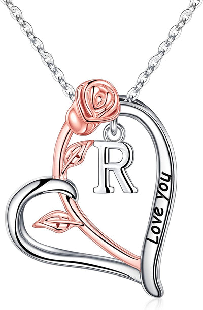 Rose Heart Initial Necklaces Gifts for Women Teen Girls, Rose Love You Heart Letter Pendant Necklace Jewelry Mothers Day Valentines Anniversary Christmas Birthday Gifts for Her Mom Wife Girlfriend