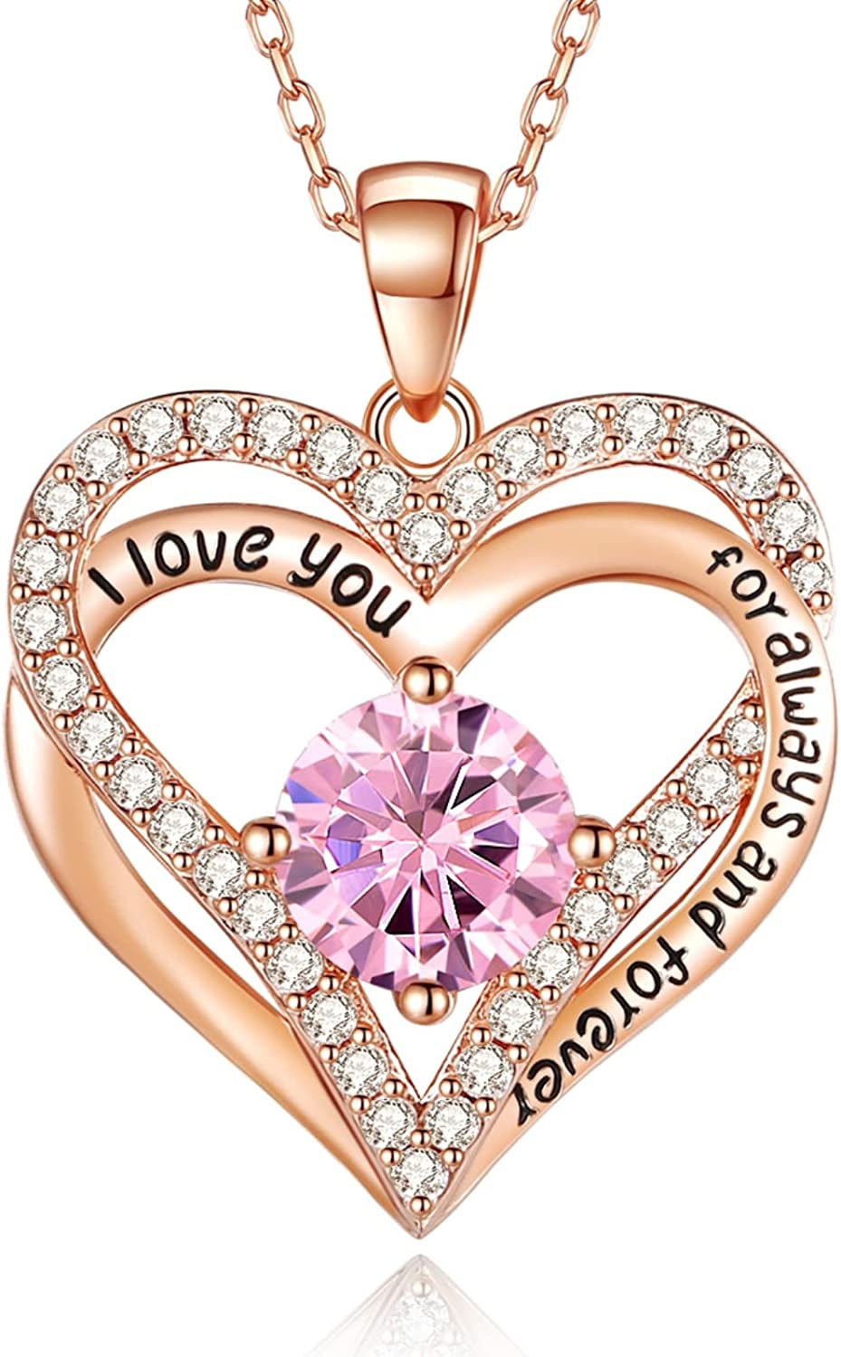 925 Sterling Silver Jewelry for Women, 18K Rose Gold Necklaces for Wife, Birthstone Diamond Heart Pendant for Christmas, Anniversary Jewelry Gift for Her, Girlfriend Necklaces Gift for Valentines Day