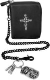 Mens Real Leather Skull Cross Biker Wallet with Chain Coins Pocket Black