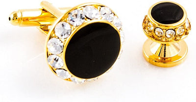 Black Onyx round Crystal Tuxedo Cufflinks & Studs Set in a Presentation Gift Box & Polishing Cloth
