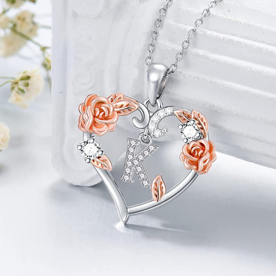 Rose Heart Necklaces Gifts for Women, 925 Sterling Silver Rose Love Heart Initial Letter Pendant Necklace Jewelry Mothers Day Valentines Christmas Birthday Gifts for Her Mom Wife Girlfriend