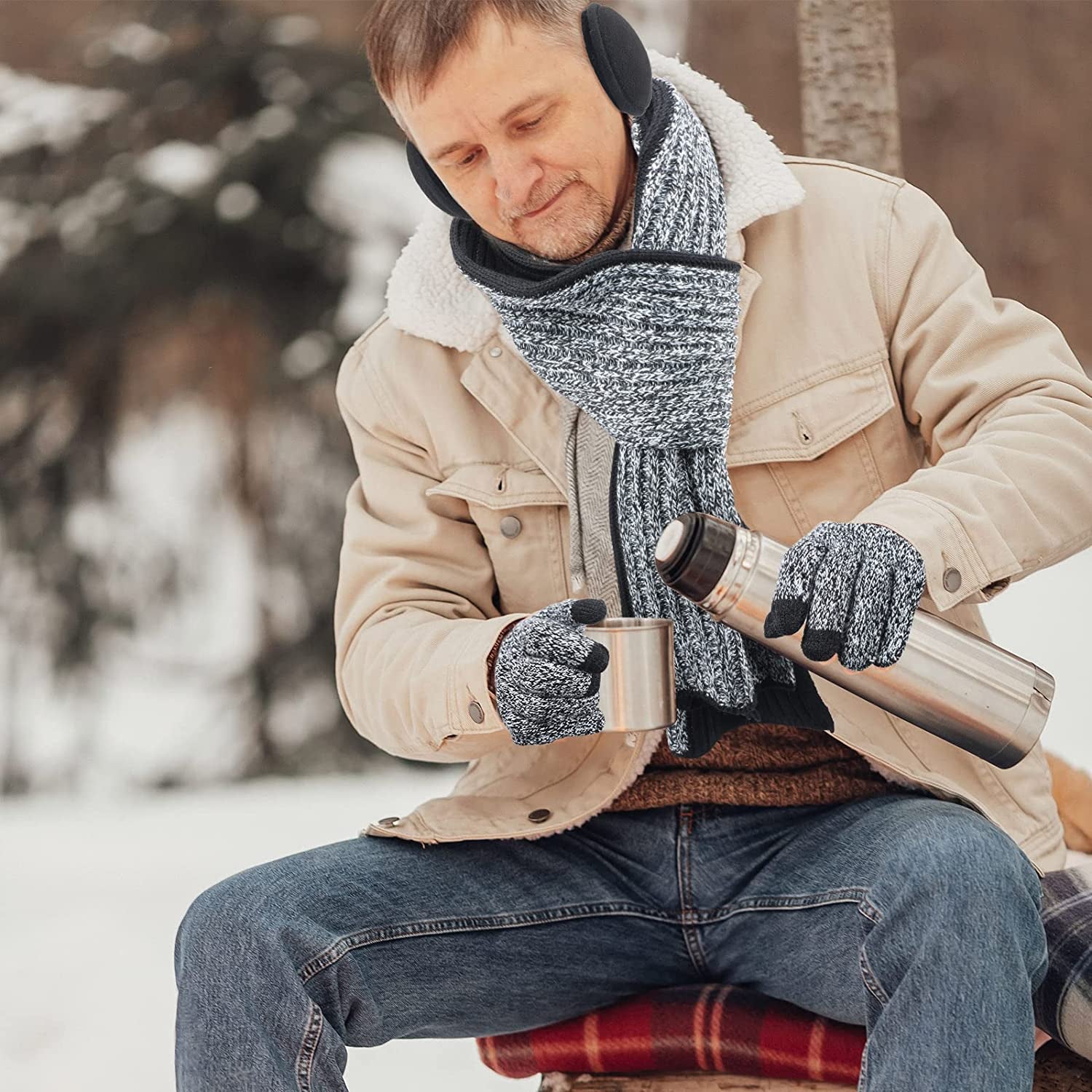 Winter Hats Scarf Gloves Warm Fleece Lined Knit Hat Ear Warmers Socks for Women and Men