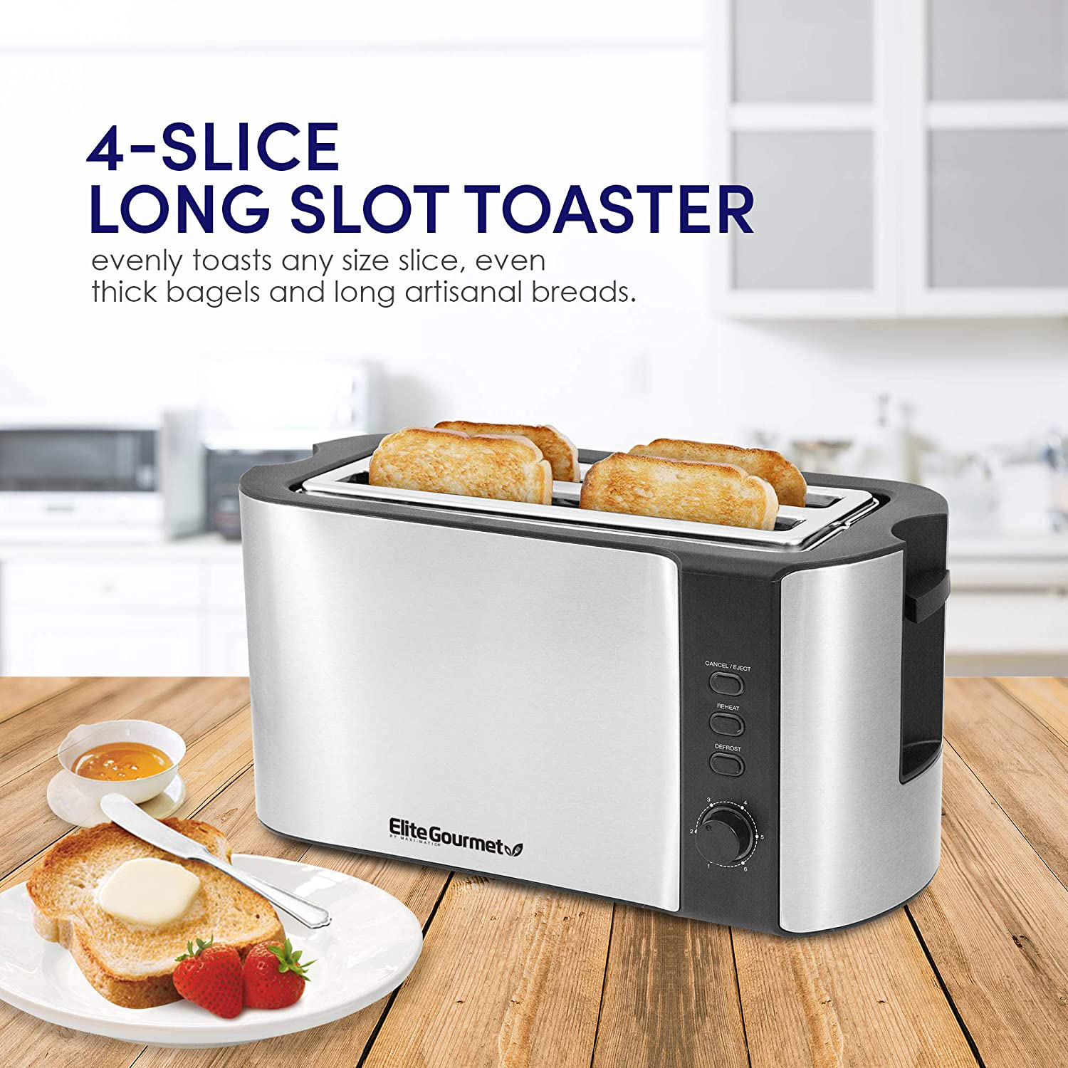Elite Platinum ECT-3100 Cool Touch Long Slot Toaster with Extra Wide 1.25" Slots for Bagels, 6 Settings, Space Saving Design, Warming Rack, 4 Slice, Stainless Steel & Black
