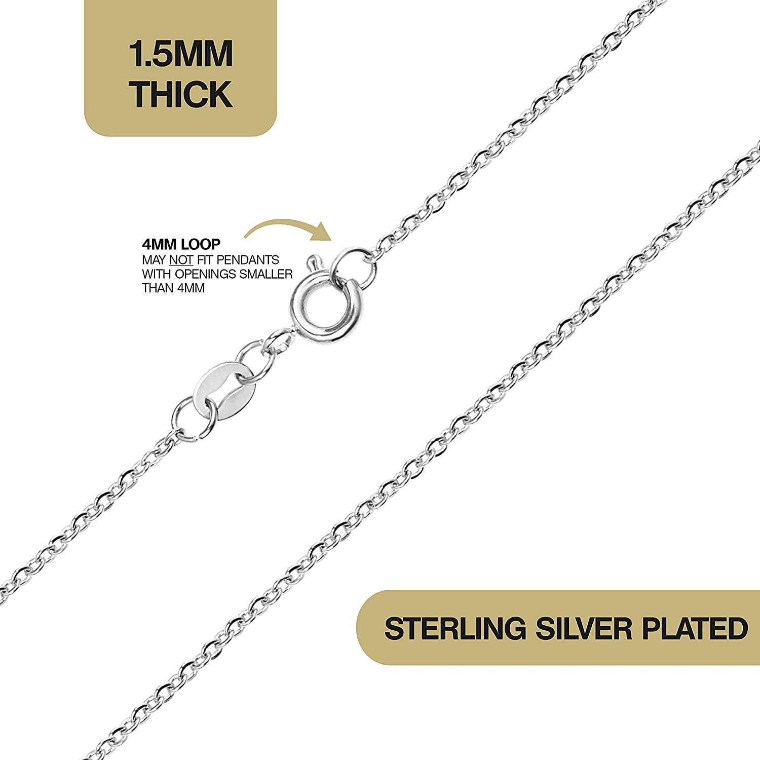KISPER Sterling Silver over Stainless Steel 1.5Mm Thin Cable Link Chain Necklace