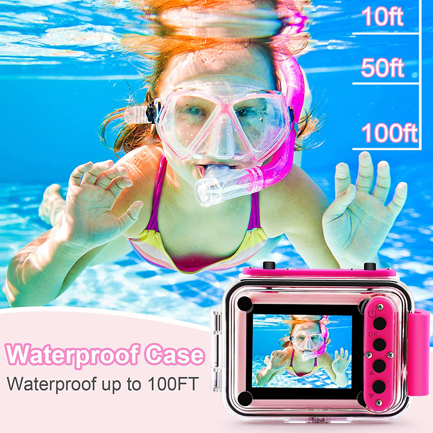 GKTZ Kids Waterproof Camera - 180 Rotatable 1080P HD Children Digital Action Camera Underwater Camera with 32GB SD Card, Birthday Gift Toys for Girls Age 3-14