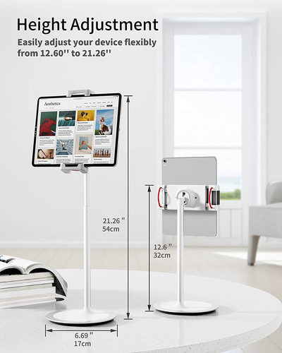 SAIJI Tablet Stand Holder, Height Adjustable, 360 Degree Rotating, Aluminum Alloy Cradle Mount Dock for 4.7"-12.9" Screen Iphone Samsung, Ipad, Kindle, Ebook Reader (Silver)