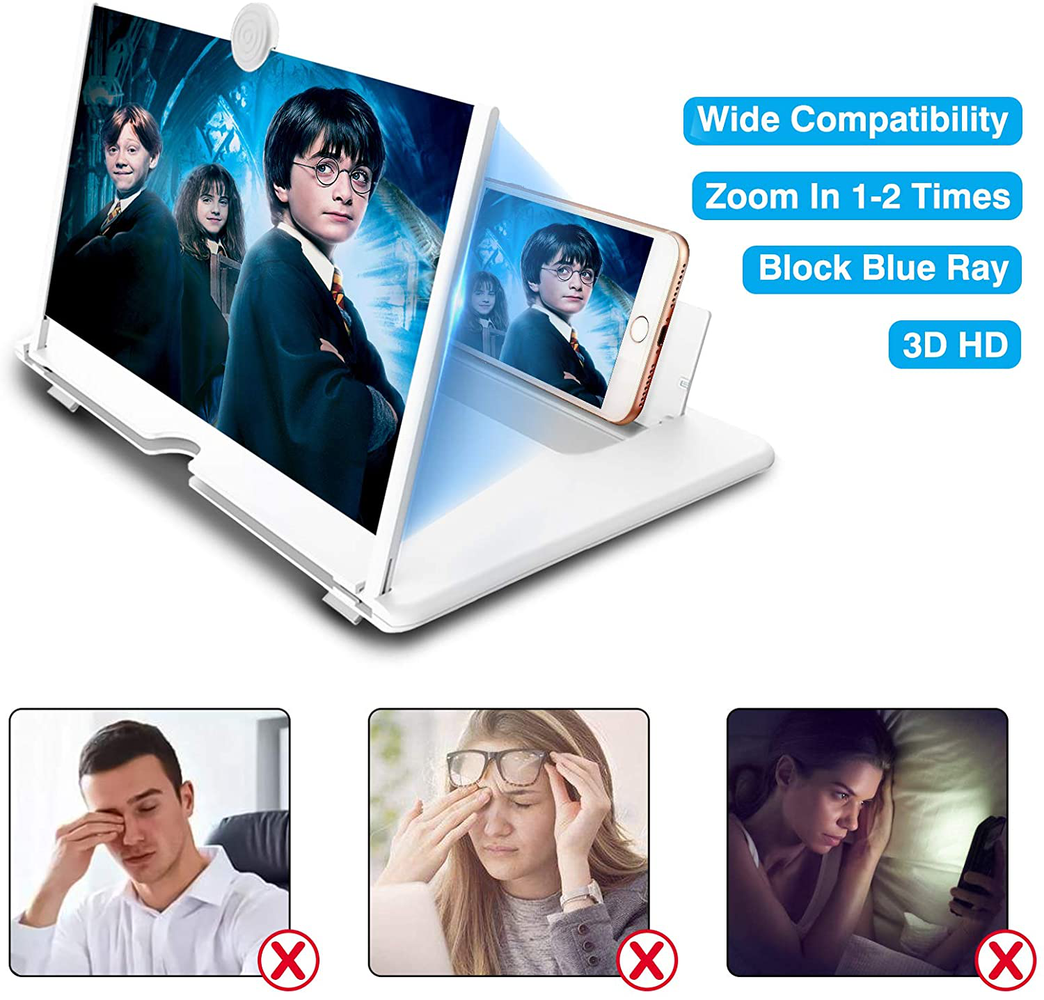 14 Inch Screen Magnifier for Cell Phone 3D Magnifier Screen Enlarger for Movies,Videos,Reading,Gaming-Screen Amplifie with Foldable Phone Stand Holder. Compatible with All Smartphones-White