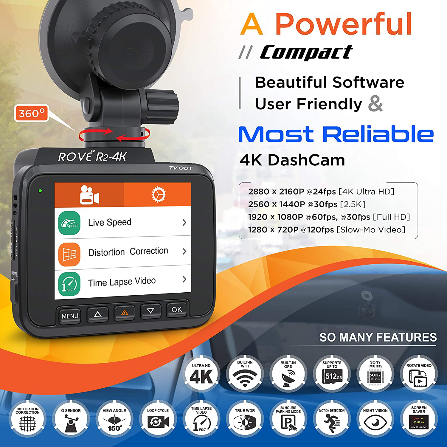 Rove R2-4K Dash Cam Built in Wifi GPS Car Dashboard Camera Recorder with UHD 2160P, 2.4" LCD, 150° Wide Angle, WDR, Night Vision