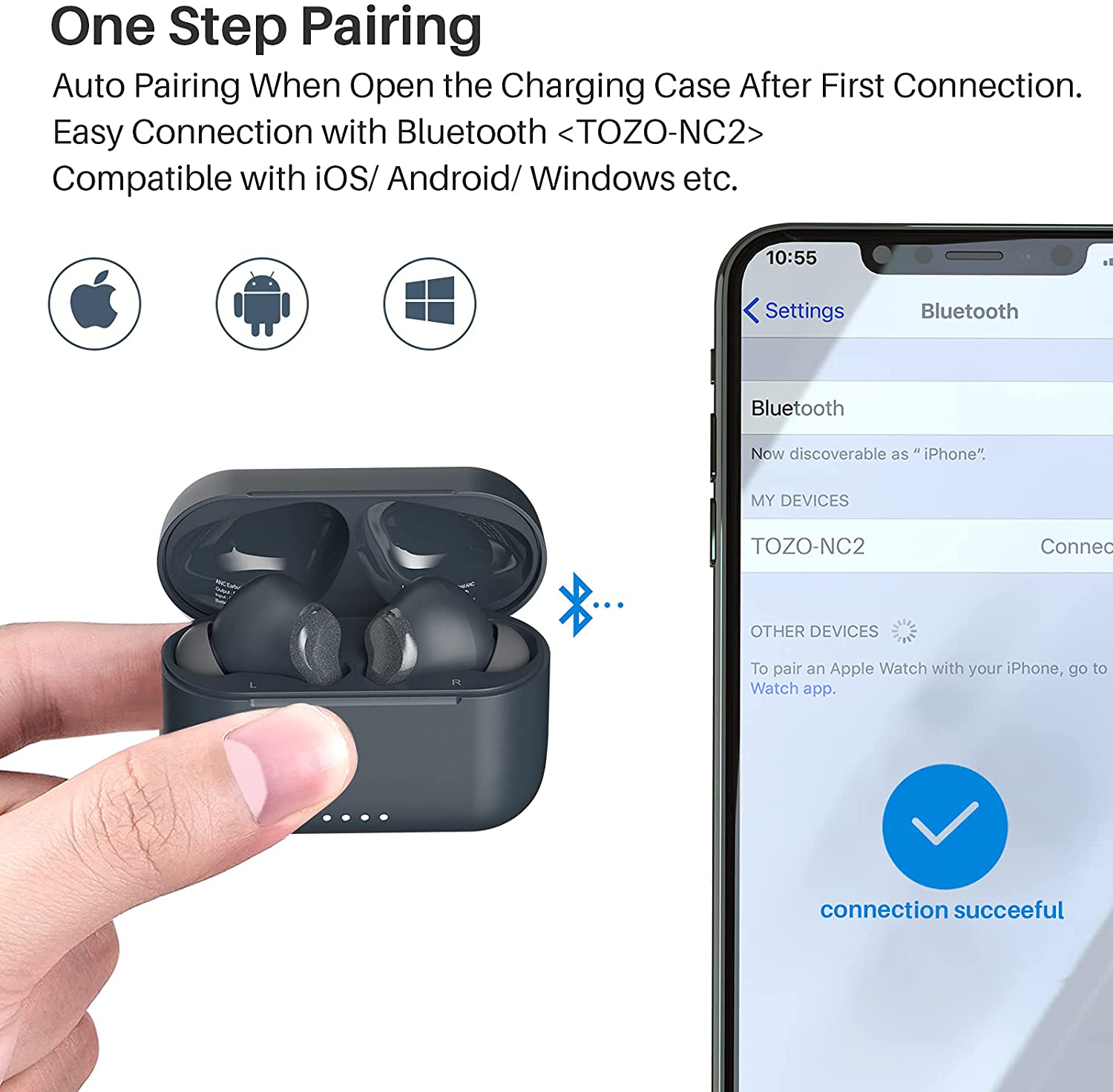 TOZO NC2 Hybrid Active Noise Cancelling Wireless Earbuds, ANC In-Ear Detection Headphones, IPX6 Waterproof Bluetooth 5.2 Stereo Earphones, Immersive Sound Premium Deep Bass Headset, Blue