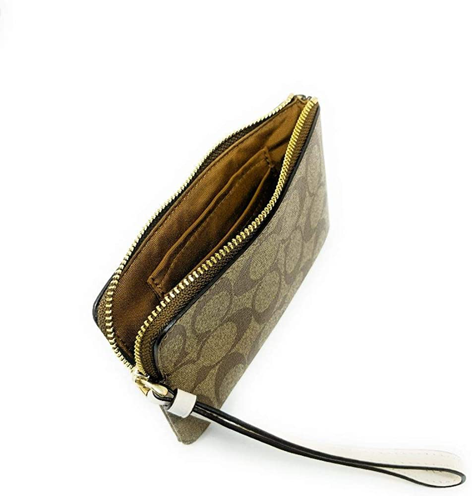 Coach Signature PVC Small Corner Zip Wristlet Khaki Chalk F58035