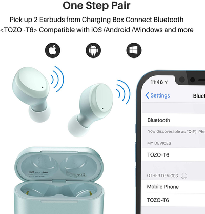 TOZO T6 True Wireless Earbuds Bluetooth Headphones Touch Control with Wireless Charging Case IPX8 Waterproof Stereo Earphones In-Ear Built-In Mic Headset Premium Deep Bass for Sport Blue