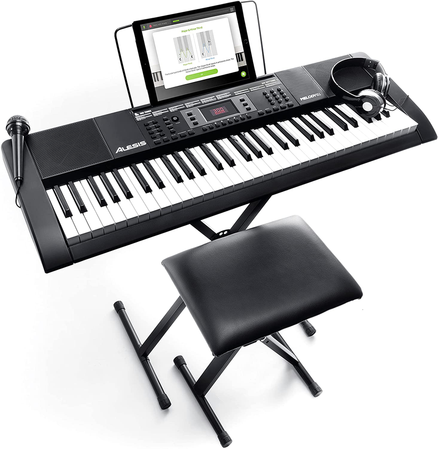 Alesis Melody 61 Key Keyboard Piano with 300 Sounds, Speakers, Digital Piano Stand, Bench, Headphones, Microphone, Music Lessons and Demo Songs