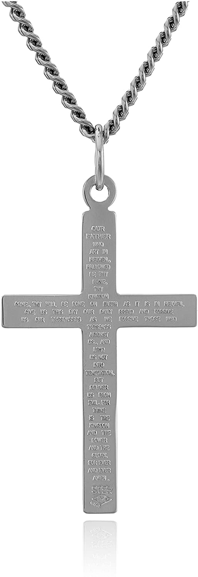 Men'S Sterling Silver Solid Polished Cross with Lord'S Prayer Inscription and Stainless Steel Chain, 24"
