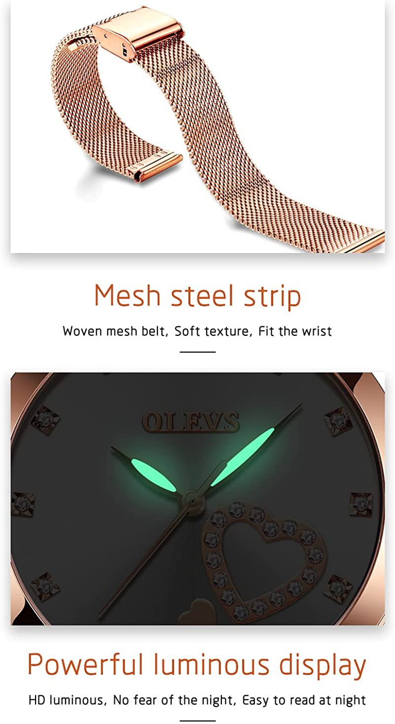 OLEVS Women'S Rose Gold Watches Heart Diamond Japanese Quartz Movement Girls Ladies Wristwatch Big Face Waterproof Mesh Belt Watch and Bracelet Set Valentines Day Gifts