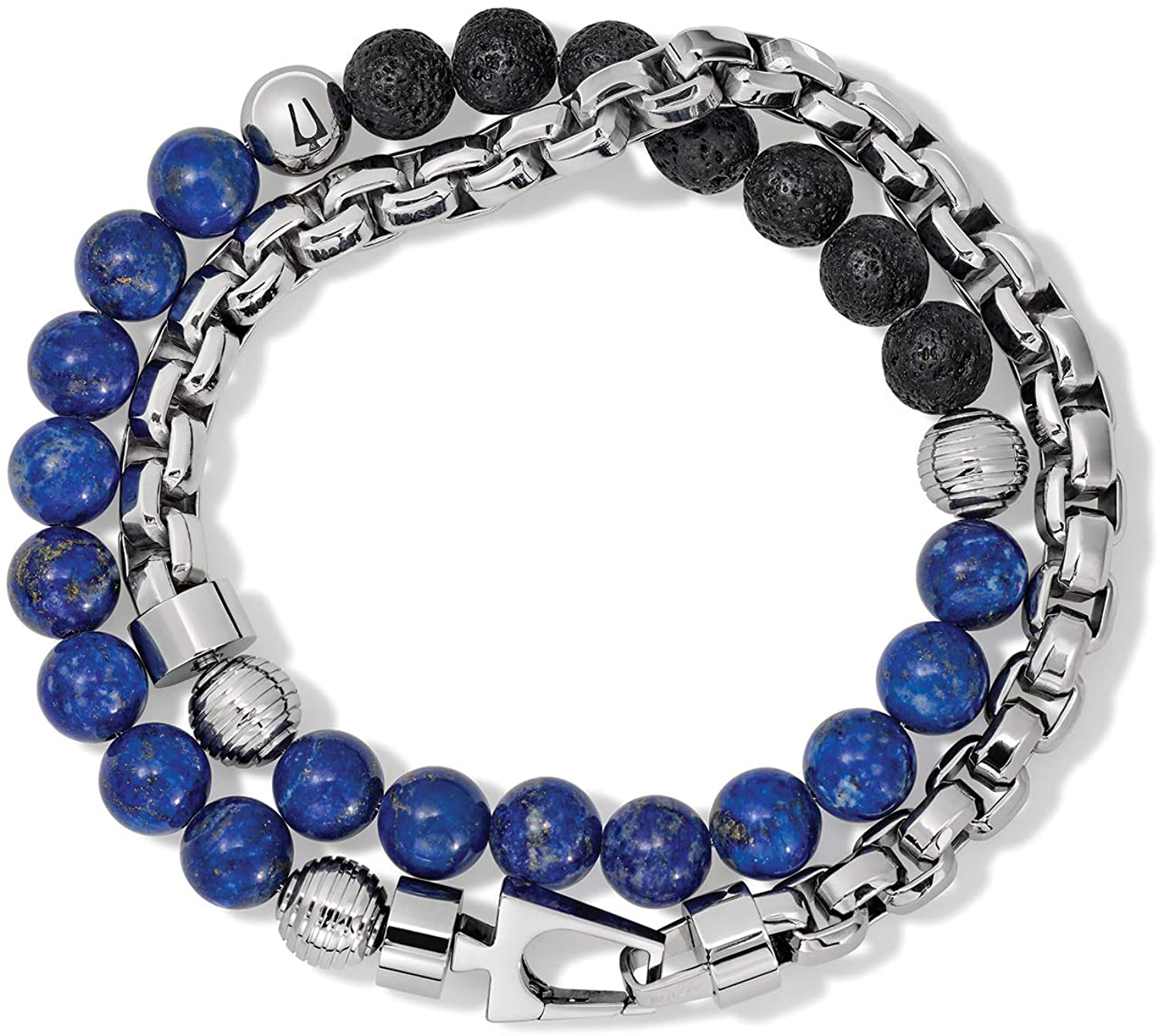 Bulova Mens Classic Double-Wrap Lapis, Black Lava and Stainless Steel Bead and Box-Chain Bracelet (Model J96B024M)