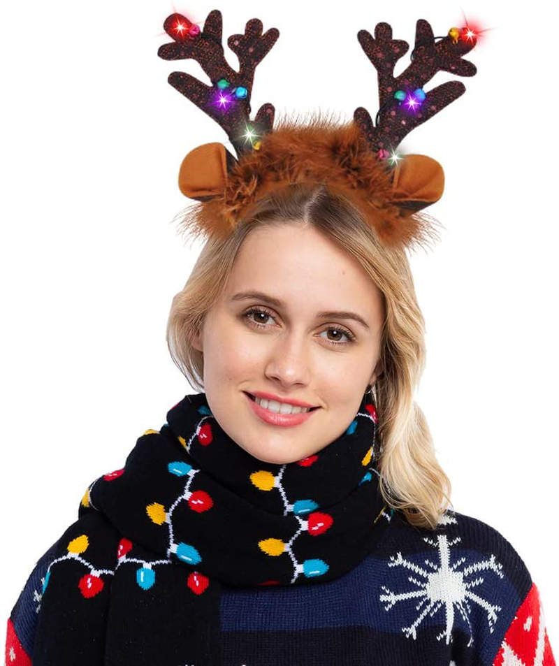 4Pcs Light-Up Christmas Reindeer Headband, Christmas Headbands for Christmas Supplies and Holiday Parties Favors (ONE SIZE FITS ALL)