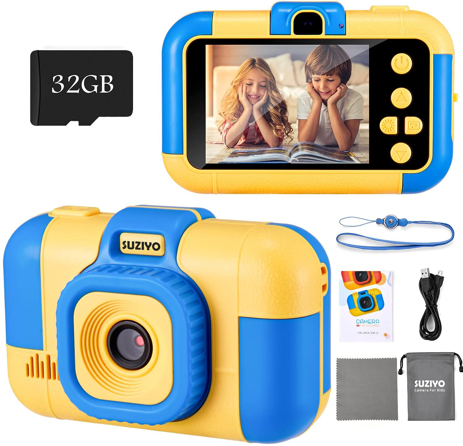 SUZIYO Kids Camera, Digital Video Camcorder Dual Lens 1080P 2.4 Inch Hd,Best Birthday Electronic Toys Gifts for Toddlers Age 3-10 Years Old Boys Grils Children (With 32G Micro SD Card,Blue)