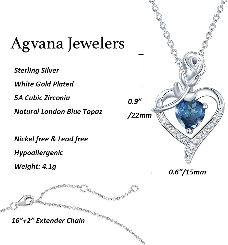 Fine Jewelry Christmas Gifts Birthstone Necklaces for Women Sterling Silver Genuine or Created Gemstone Rose Flower Heart Pendant Necklace Anniversary Birthday Gifts for Girls Wife Her Mom Grandma