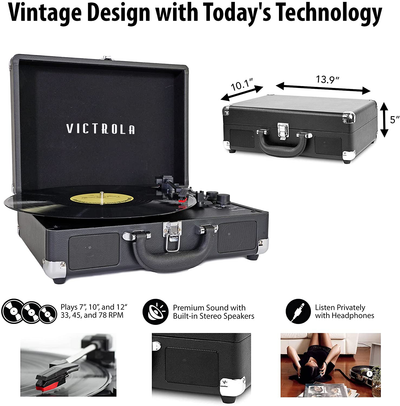Victrola Vintage 3-Speed Bluetooth Portable Suitcase Record Player with Built-In Speakers | Upgraded Turntable Audio Sound| Includes Extra Stylus | Black, Model Number: VSC-550BT-BK