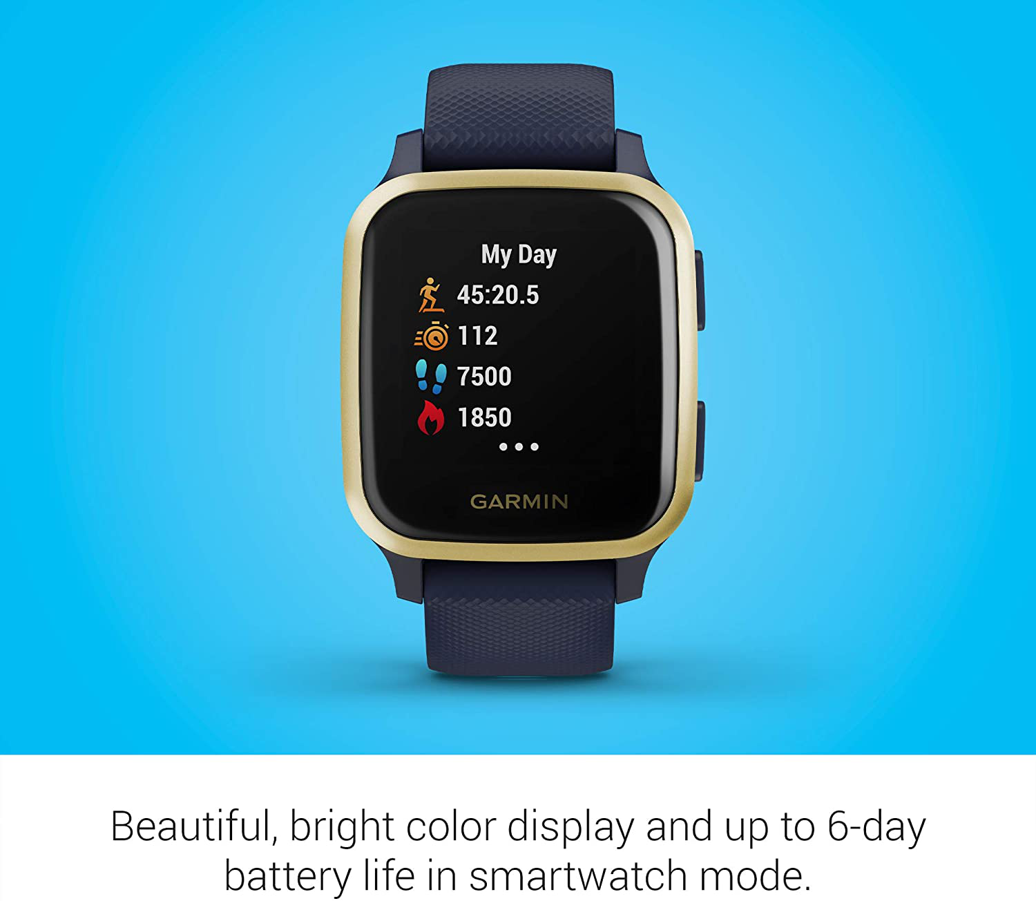 Garmin Venu Sq Music, GPS Smartwatch with Bright Touchscreen Display, Features Music and up to 6 Days of Battery Life, Light Gold and Navy Blue
