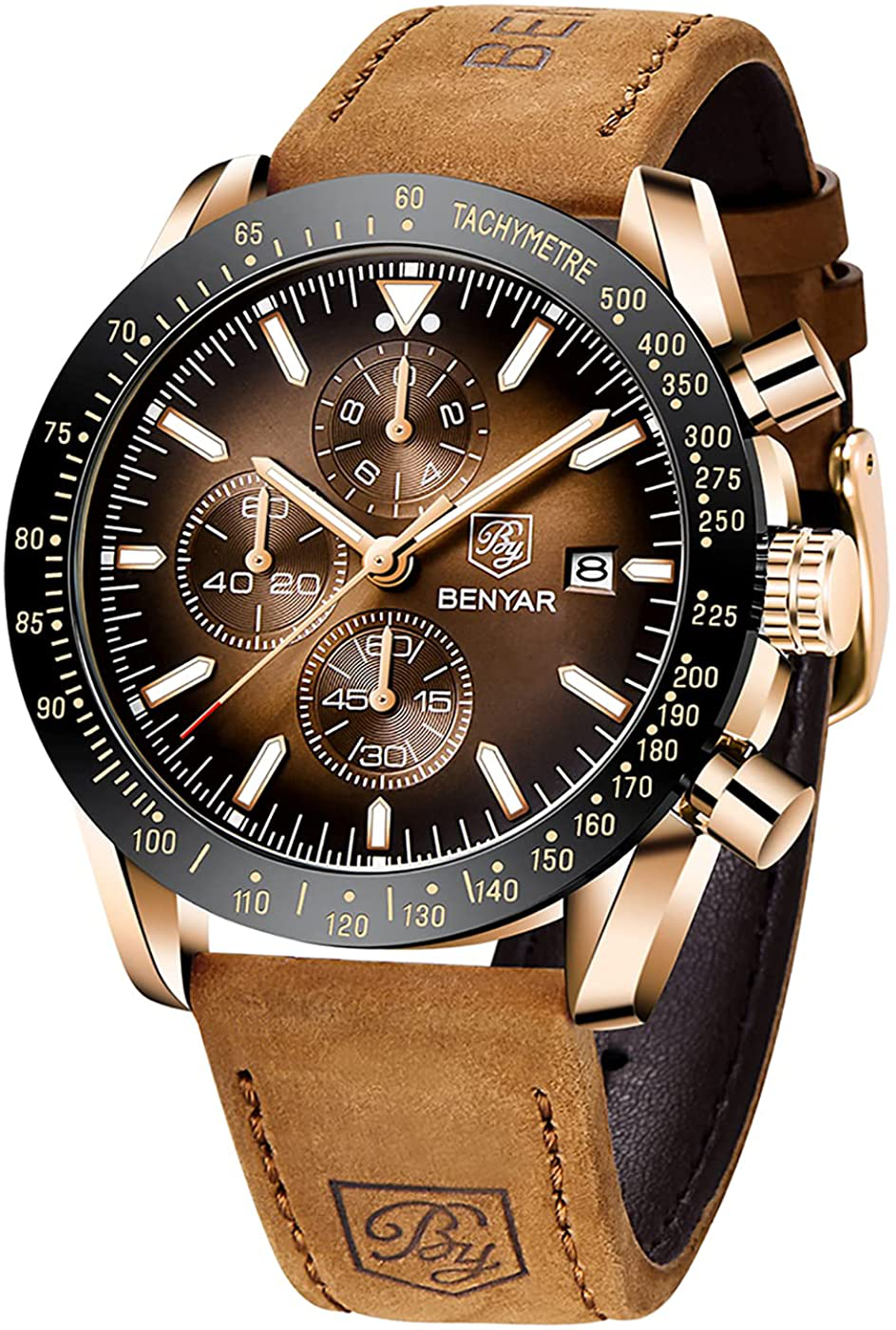 BY BENYAR Men’s Watch Analog Watches for Man Sport Work Waterproof Chronograph Watches Men Stylish Minimalist Classic Men's Wrist Watch with Leather Band Unque Gifts for Men…