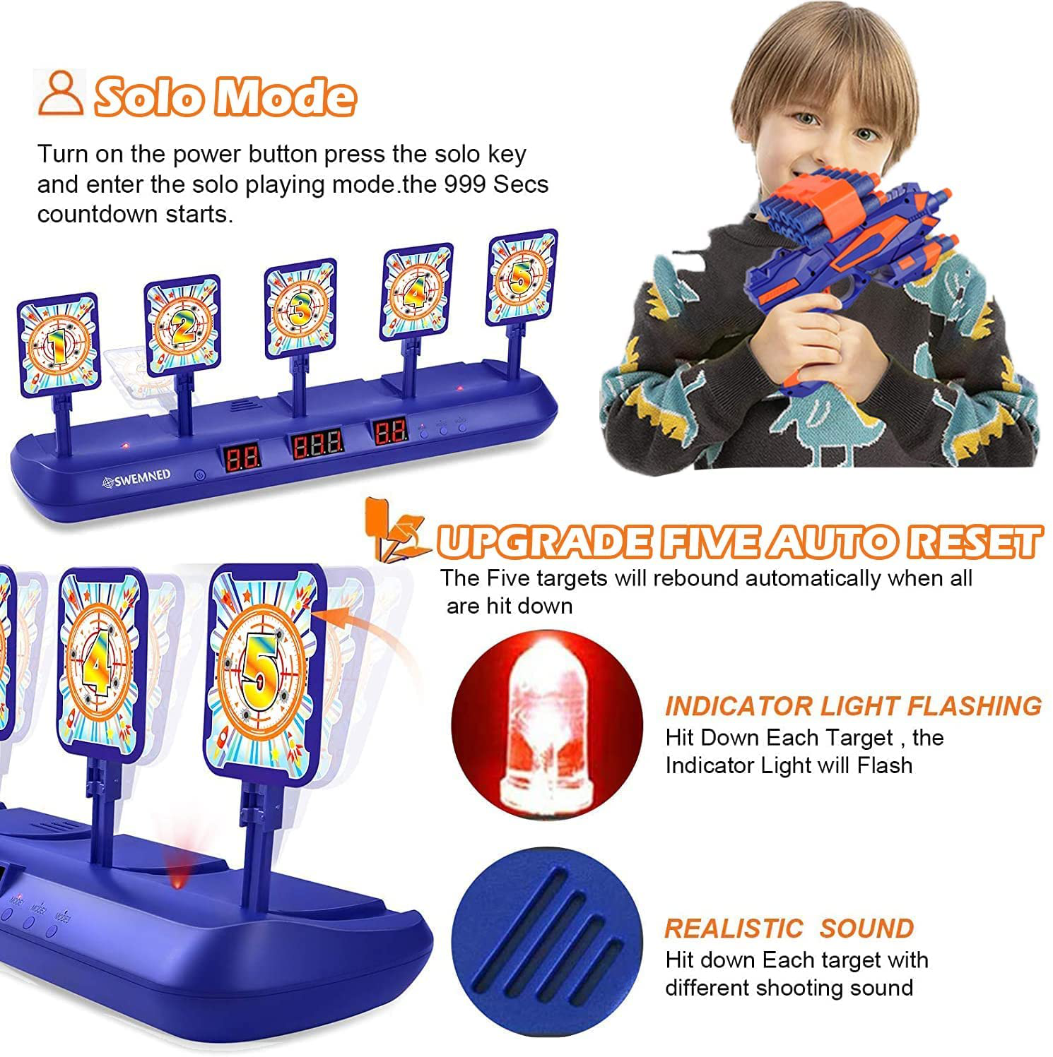 SWEMNED Digital Shooting Targets for Nerf Guns Practice Toy, Upgrade 5 Targets Auto Reset 3 Game Mode Electronic Scoring, Ideal Fun Gifts Toys for Age 5,6,7,8,9,10,11,12,13+ Year Old Kids/Boys/Girls