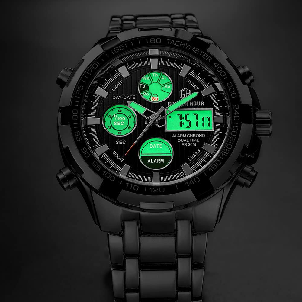 GOLDEN HOUR Luxury Stainless Steel Analog Digital Watches for Men Male Outdoor Sport Waterproof Big Heavy Wristwatch