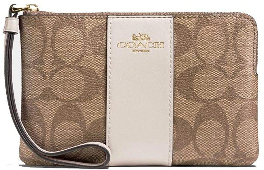 Coach Signature PVC Small Corner Zip Wristlet Khaki Chalk F58035
