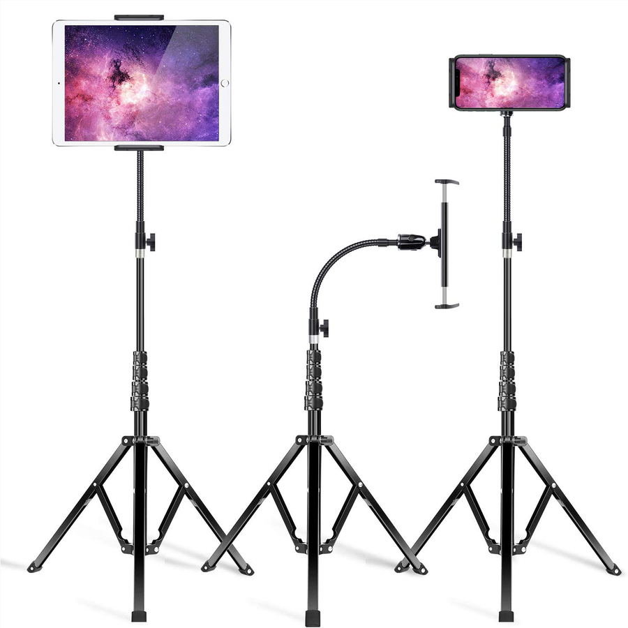 Elitehood Metal Ipad Tripod Stand & Adjustable 72’’ Gooseneck Tablet Floor Stand Holder, Heavy Duty Aluminum Ipad Floor Stand for Ipad Pro 12.9 11, Mini, Air, Iphone and 4.7-12.9" Tablets Cell Phones
