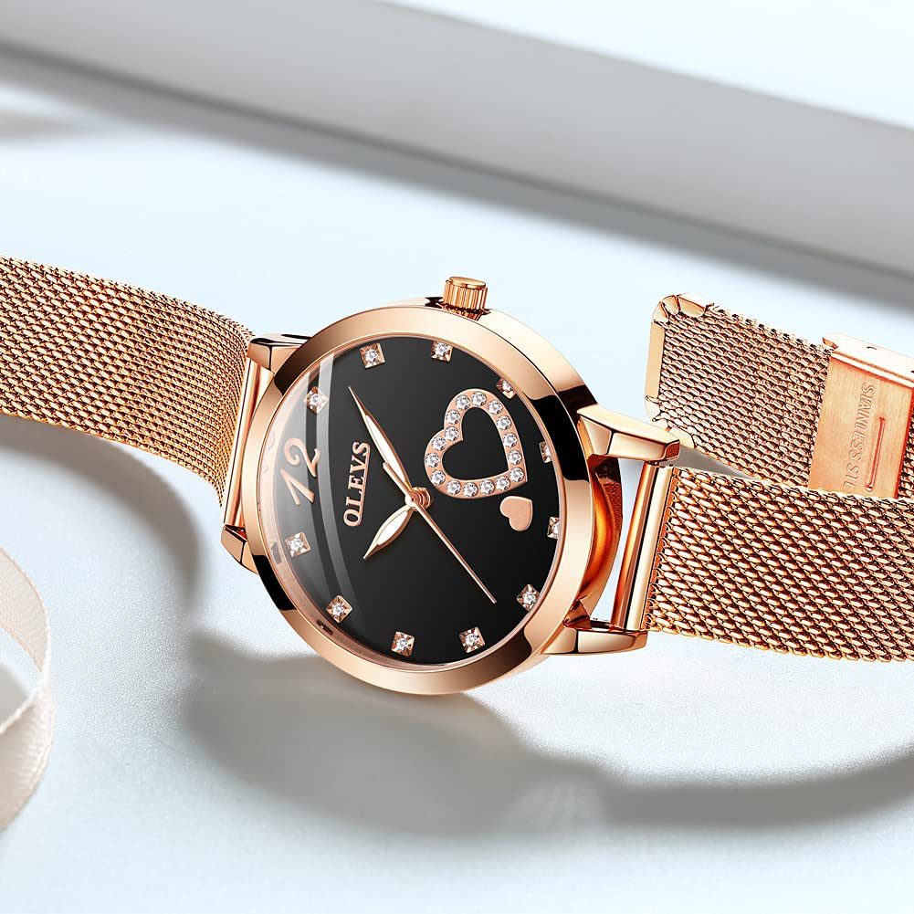 OLEVS Women'S Rose Gold Watches Heart Diamond Japanese Quartz Movement Girls Ladies Wristwatch Big Face Waterproof Mesh Belt Watch and Bracelet Set Valentines Day Gifts