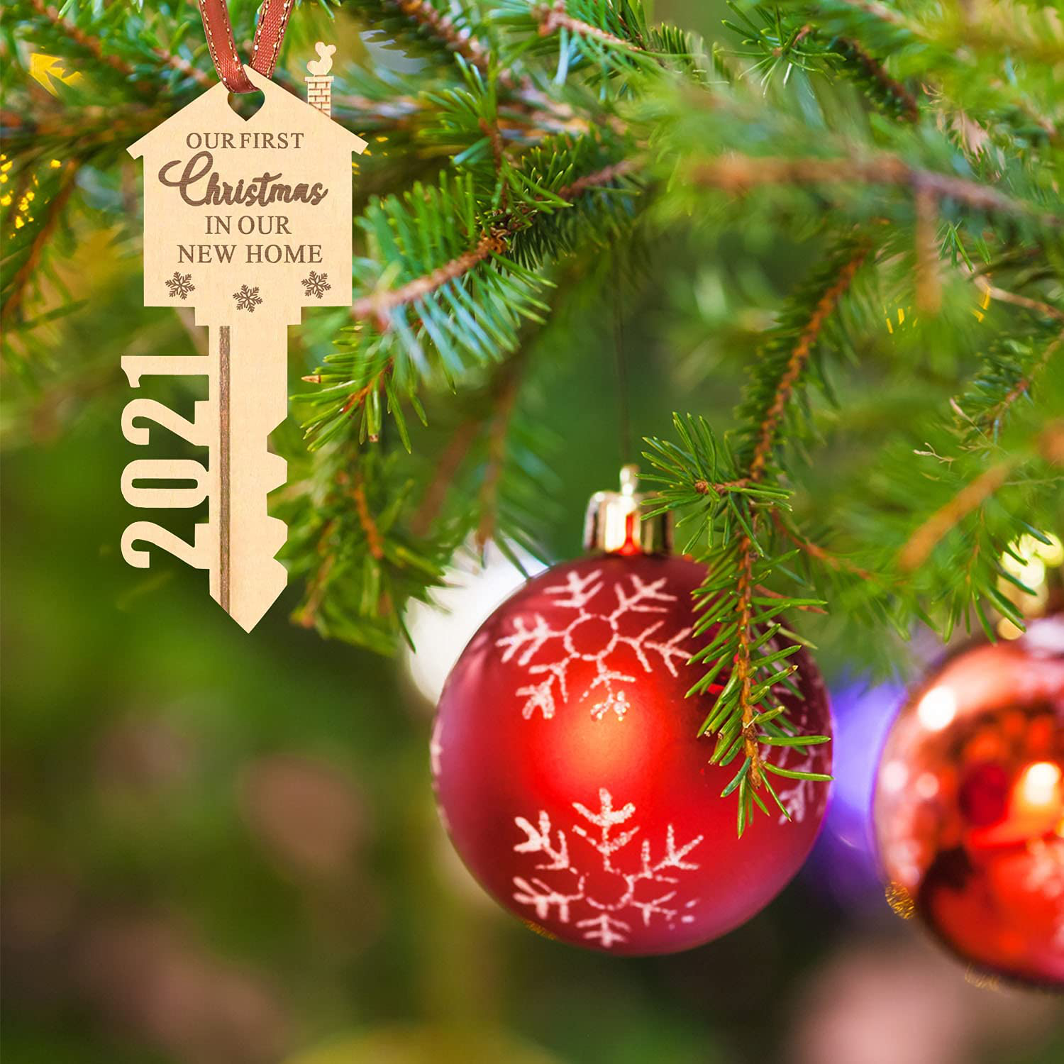 LEJHOME 2021 Our First Christmas in Our New Home Wood Key Christmas Ornament for Housewarming Gift Christmas Tree Holiday Decoration Pack of 2